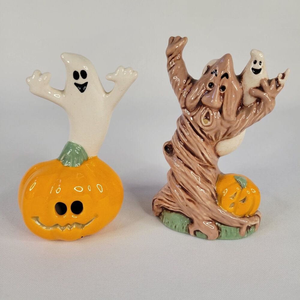 Vtg Set of 2 Hand Painted Halloween Ceramic Figurines Haunted Tree Ghost Pumpkin